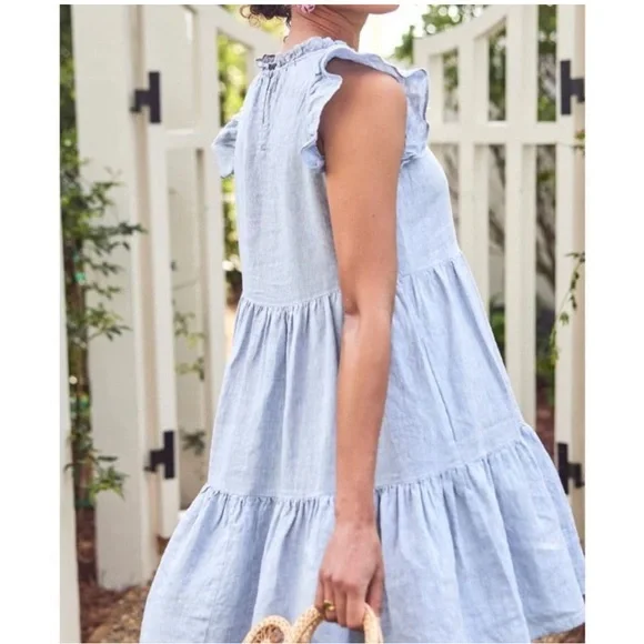 NWOT LAKE Dress Women XS Blue Linen Helen Tiered Ruffle Sundress Pocket Mini - Picture 5 of 7